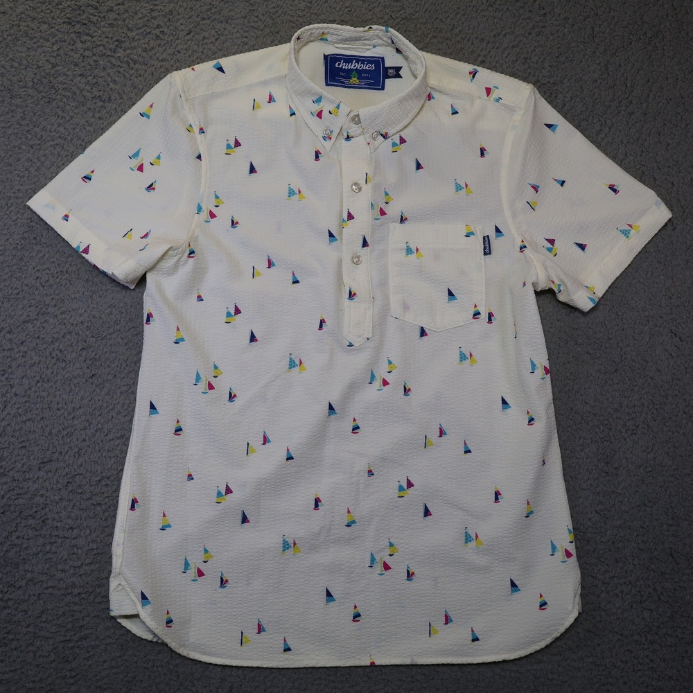 Chubbies Mens Small White Seersucker Sailboat Print Short Sleeve Popover Shirt